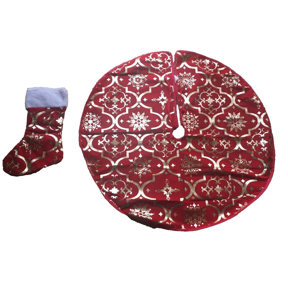 Christmas Tree Skirt 36" Dia. Red Gold Metallic and 15" Stocking Holiday NEW